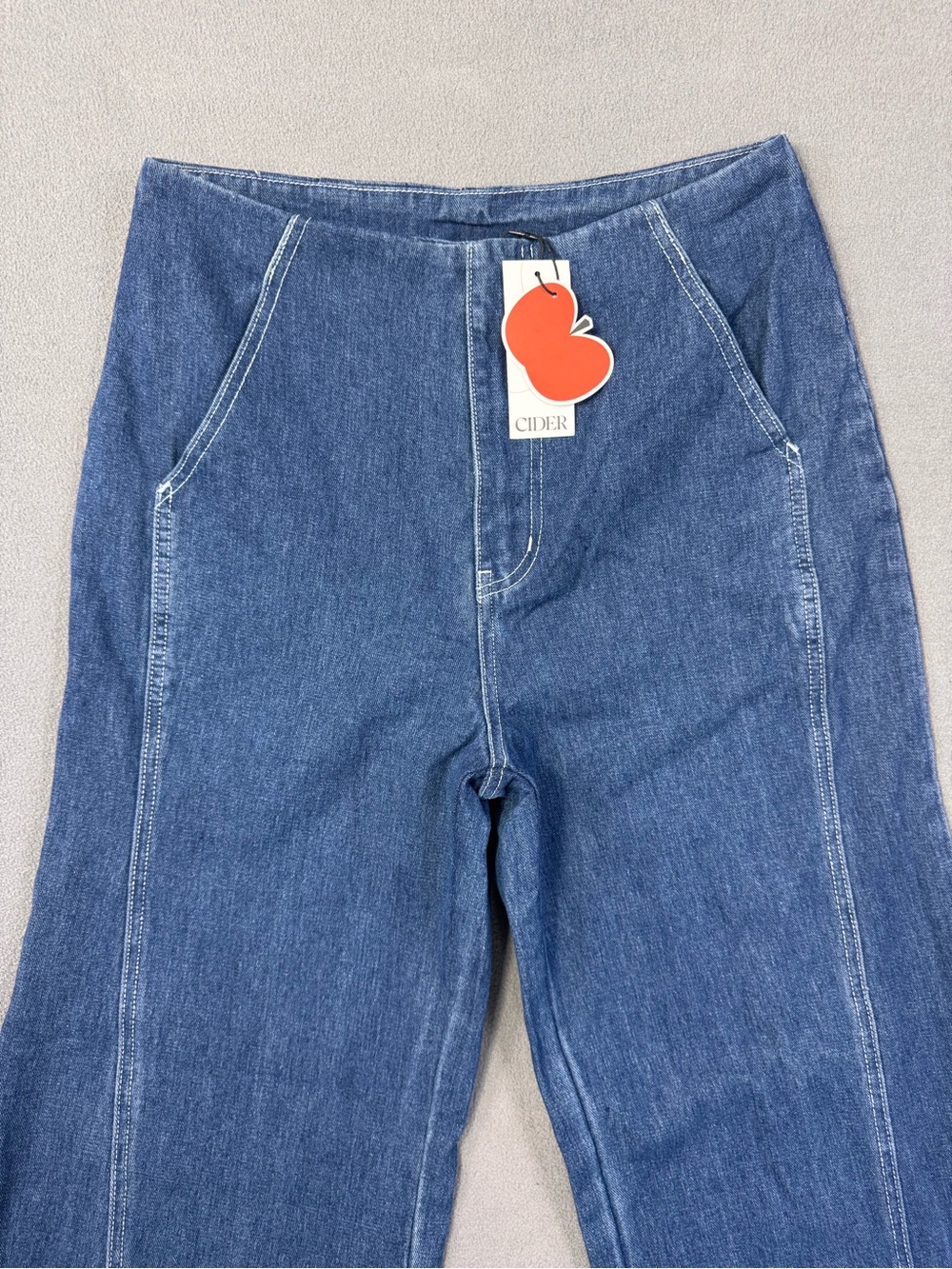 Cider Wide Leg Cropped Seam Panel Blue Denim 70’s Style Jeans, Size Medium - Picture 4 of 14